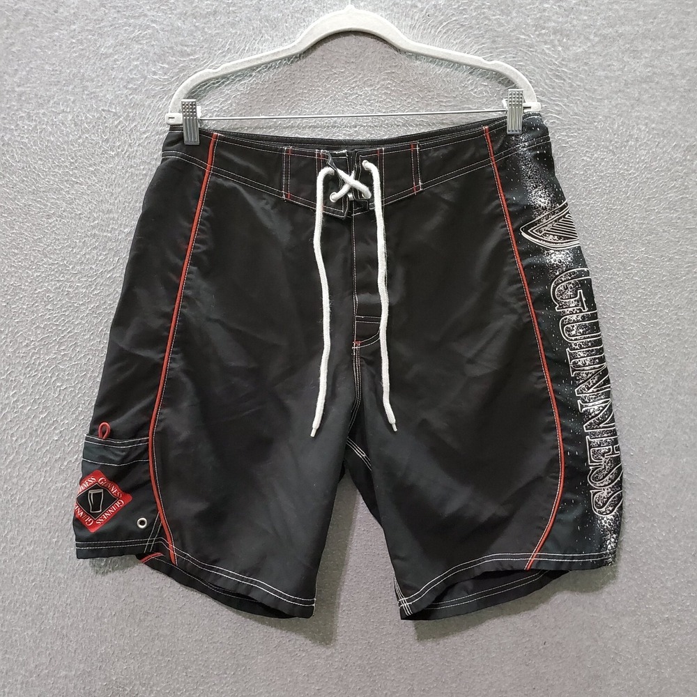 Guinness Men Swimwear‎ Large Black Board Shorts Logo Drawstring 9" Inseam